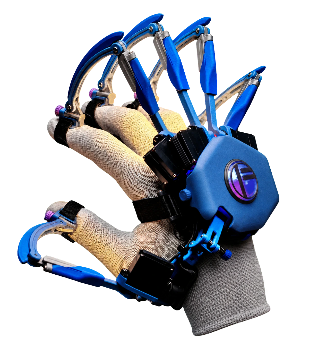 Close-up of the FELYA haptic glove with blue finger mechanisms over a fabric glove.